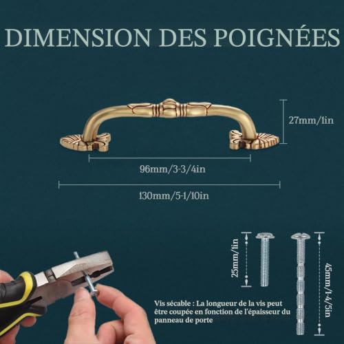 CcHhyyt Lot de 2 poignées de placard en laiton vintage, design floral, style ancien, métal doré, pour meubles, tiroirs (96 mm) – vue 6