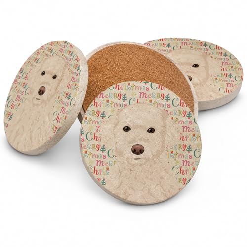Caroline's Treasures Doodle Cream #2 Christmas Large Sandstone Coasters Pack of 4 Absorbent Round Coasters Decor Gifts for Men or Women, 4 in, Multicolor