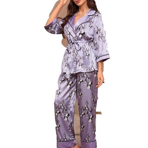 Conjunto de pijama for mujer, conjunto de pijama de satén, conjunto de pijama informal, ropa de dormir for mujer, traje de ocio, conjunto de pijama de manga larga, conjunto de pijama de dos piezas, ro