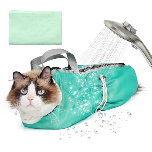 Pawfun Cat Bathing Bag Anti Scratch Bite Breathable Mesh - Adjustable Cat Grooming Bag for Nail Trimming, Injections, Medication, Dental Care, Vet Visits, Cats Shower Bag with Zippers,Green