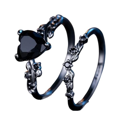 New 2026 Female Black Red Zircon Stone Heart Ring Set Vintage Gold Color Bridal Wedding Bands Party Jewelry for Women Fashion Luxury Accessories Creative Gift