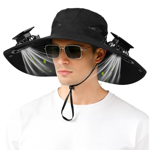 Solar Fan Hat,Sun Hat with Fan Solar Powered Fan Hat Outdoor Wide Brim Sun Hat with 2 Solar Fan Sun Bucket Hat for Men Women UPF 50+ (Black-A)