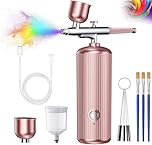 Airbrush Kit with Compressor, 48PSI Cordless Rechargeable Non-Clogging High-Pressure Air Brush Set with 0.3mm Nozzle and Cleaning Brush Portable Gun for Nail Art, Makeup, Barber, Cake Decor (Pink)