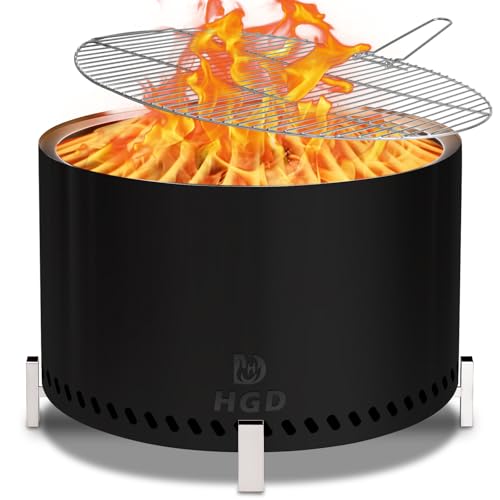 HGD 27.5" Smokeless Firepit with Stand & Grill Rack, Large Stainless Steel Wood Burning Fire Pit for Gatherings, Secondary Combustion Outdoor Patio Stove for Garden BBQ & Bonfire (Black)