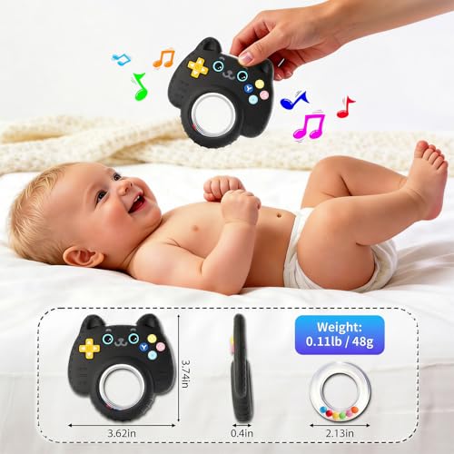 Image of Baby Teether Toy Silicone Cat Teething Ring -Game Controller, Baby Rattle Toy Chew Sensory Toys for Babies Over 3 Months, Teething Relief for Newborn Infant Essentials 0-6 6-12 Months, BPA Free -Black