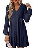 Dokotoo Long Sleeve Dress for Women Spring V Neck Ribbed Knit Empire High Waisted Ruffle Tiered Casual Holiday Dresses Soft A Line Vacation Party Swing Mini Short Tunic Sweater Dress Blue Medium