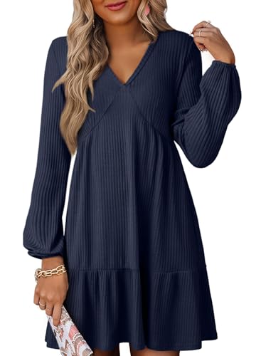 Dokotoo Long Sleeve Dress for Women Fall V Neck Ribbed Knit Empire Waist High Waisted Ruffle Tiered Casual Dresses Soft A Line Vacation Party Swing Mini Short Tunic Sweater Dress Blue Medium