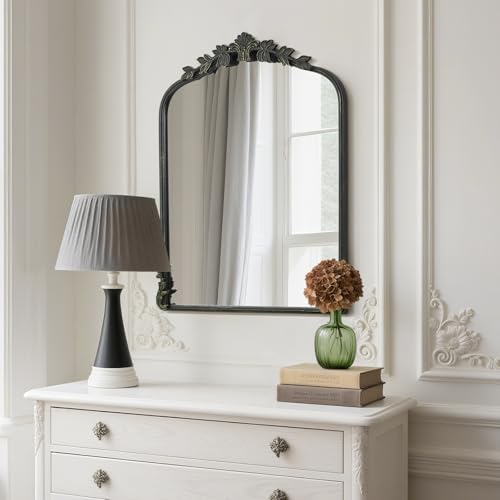 Image of WallBeyond Black Antique Mirror for Vanity 22x30 Inch, Black Vintage Mirror with Ornate Frame, Arched Vintage Wall for Bathroom, Living Room, Fireplace