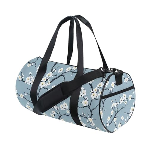 Chinoiserie White Flower Sports Duffel Bag Durable Full Print Barrel Gym Bag with Multiple Pockets, Adjustable Shoulder Strap Ideal for Sports Gym Training Travel and Outdoor Use3