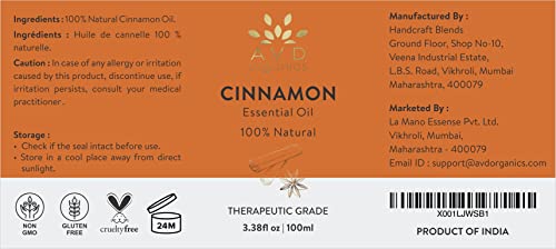 Avd Organics Cinnamon Essential Oil 100Ml - (100% Pure & Natural - Undiluted) Therapeutic Grade - Perfect For Aromatherapy, Relaxation, Skin Care & More -3.38 Fl. Oz #TOP2