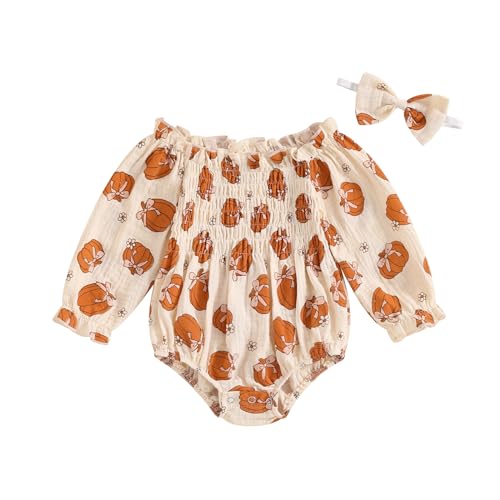 Newborn Pumpkin Outfit Infant Baby Girl Halloween Clothes Ruffle Long Sleeve Bubble Romper Bodysuit Fall Outfits