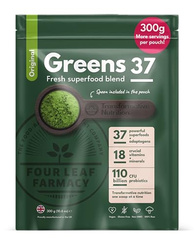 Greens Powder - Made in UK with 37 superfoods - 300g High Dosage Servings - Vegan Gluten Free Greens Powder- Daily Vitamins, probiotics for Gut Health - with KSM-66® Ashwagandha and Lions Mane