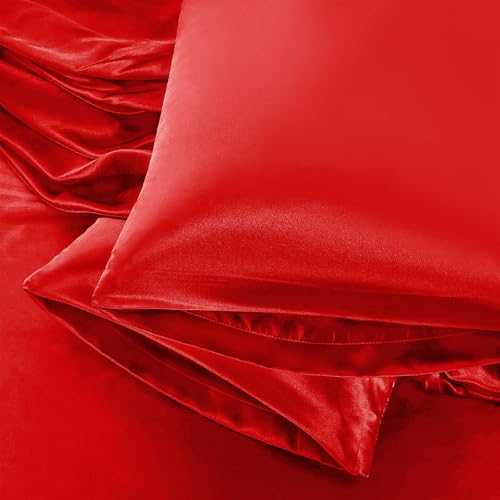 Aormenzy Satin Pillow Cases for Women Standard Size Set of 2, Red Satin Pillowcase for Hair with Envelope Closure Silky Pillow Covers Wrinkle, Fade Resistant (20x26 Inches)
