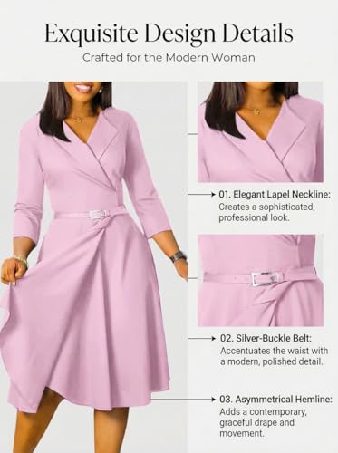 Image of Elainone Women 3 /4 Sleeve Casual Swing Flared A Line Dress Wedding Guest Semi Formal Office Work Dresses with Belt