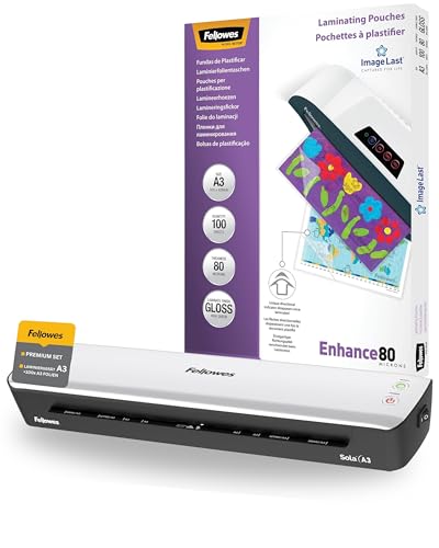 Fellowes Laminiergerät A3 Sola und Laminierfolien A3 Premium Bundle für Zuhause & Homeoffice bis 125 Mikron Stärke, staufrei, Laminiergerät zum Laminieren von Fotos, Dokumenten, Speisekarten, Rezepten