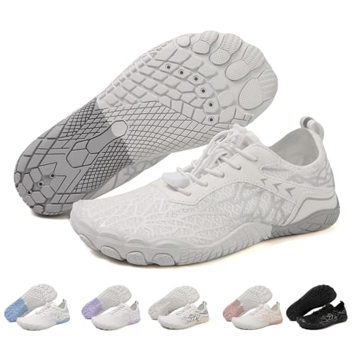 LANIVIC Barefoot Water Shoes for Mens Womens Quick Dry Pro Barefoot Wide Toe Water Shoes Slip-on Soft Breathable Non-Slip Athletic Surf Yoga Aerobics Aqua Beach Grey 9 Women/7 Men