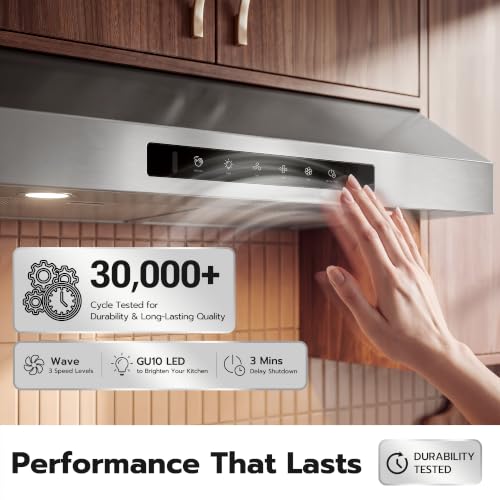 Image of 30 Inch Under Ducted Cabinet Range Hood with 1200 CFM, 3 Speed Gesture Sensing Kitchen Exhaust Hood & Touch Control Panel, Stainless Steel Stove Vent Hood with 2 LED Lights