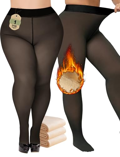 Buauty Plus Size Fleece Lined Tights Womens- Winter Warm Fake Translucent Thermal Pantyhose,Thick Leggings under Dresses