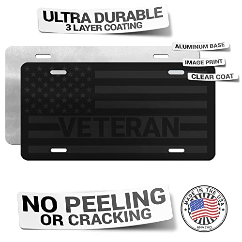 Usa Made - Thick Brushed Aluminum Veteran Tactical American Flag License Plate + 4 Black License Plate Screws And Keychain - Car Tag #TOP1