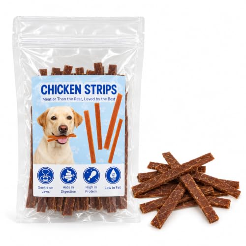 Vila Chicken Strips Dog Treats, Tender Poultry with Soy Protein Powder Snack, High Protein and Low-Fat Training Rewards, Easy to Digest Jerky for Small, Medium, and Large Dogs, 2.3 oz Resealable Pack