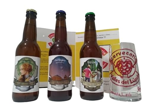 Cerveza artesana Valles del Lúpulo: pack regalo (1 PRIMETA-pilsen + 1 PA´LLEGRA-pale ale + 1 RAÍCES-nitro IPA + vaso pintado a mano)