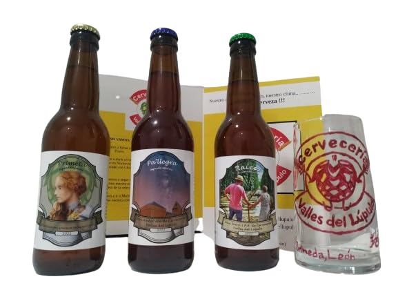 Cerveza artesana Valles del Lúpulo: pack regalo (1 PRIMETA-pilsen + 1 PA´LLEGRA-pale ale + 1 RAÍCES-nitro IPA + vaso pintado a mano)