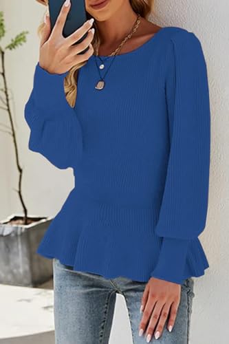 Image of Womens Fall Puff Sleeve Peplum Casual Slim Fit Knit Pullover Sweater Jumper Tops