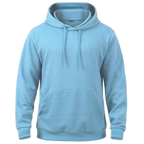 MANSDOUR Men's Hoodie Casual Long Sleeve Waffle Knit Drawstring Hoodies Pullover Sweatshirts With Pocket X-Large Ski Blue