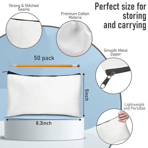 Image of Legigo 50 Pack White Canvas Makeup Bags DIY Craft Bag- Blank DIY Craft Bag Canvas Pencil Case Canvas Zipper Pouch Bags Cosmetic Bag Multipurpose Canvas Pouch with Zipper for vinyl (8.3 x 5 inches)