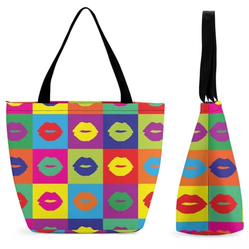 Sac à main pour femme avec motif de lèvres à carreaux colorés 28.5x18x32.5cm