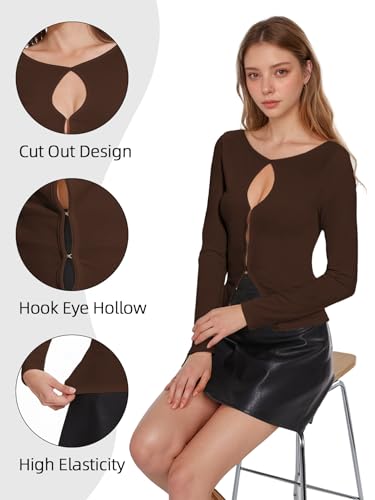 Image of Ribbed Long Sleeve Tops for Women Cut Out Ribbed Knit Crewneck Sweater Fall Slim Fit Going Out Top