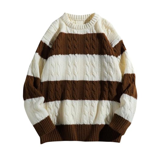 Men's Round Neck Sweater Loose Patchwork Color Block Long Sleeve Pullover Knit Soft Fashion Dropped Shoulder Sweaters