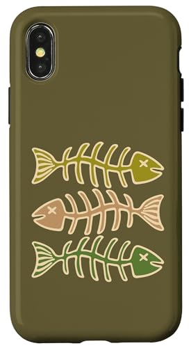 FISH BONES レトロフード 釣り 猫のおもちゃ オリーブブラウン グリーン スマホケース iPhone X/XS 用