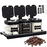 Suclain 3 Pcs Glass Coffee Containers Coffee Station Organizer Set, Airtight Bean Storage Jars with Shelf,labels,spoon, Base and Pen,for Sugar, Candy, Oats, Nuts(Black)
