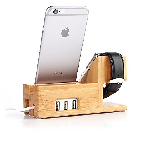 Apple Watch and iphone Charging Station Bamboo Wood Charger Stand Charging dock for iwatch iphone 7 6 6s plus 5 5s 5c with 3 USB Ports