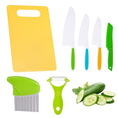 7 Pcs Kids Knife Set for Chopping Knife for Kids Kitchen Knife Set, Kids Cooking Set, Plastic Toddler Kids Safety Knives, with Childrens Knife Set for Chopping Board, Crinkle Cutter, Potato Slicer