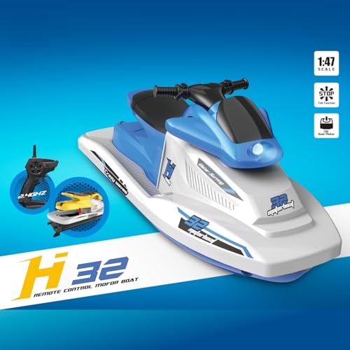 POCO DIVO Crazy Waves Motorboat Surfing Jet Ski, 1/47 RC Model Boat, 2.4Ghz Radio Remote Control Speed Watercraft, Pool Lake Pond Dual Motors LED Light Toy Ship, Kids Gift Adults Water Fun, Blue