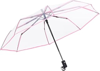 Iron Transparent Automatic 3-fold Umbrella Portable Windproof Lightweight Clear Rain Folding Umbrella For Commuting Outdoor Activities(Pink Border)