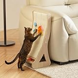 Prelisee Katzen Kratzbrett Dual-Use Kratzpappe für Katzen Groß 63cm Gebogen Kratzmöbel Katze 100% Natürliche Sisal Kratzsäule Katze Kratzmatte für Sofa & Wandschutz,mit Glöckchen,Feder Spielzeug