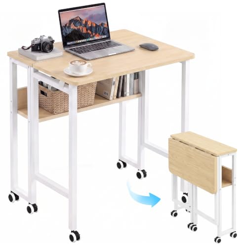 VECELO Small Folding Desk with Upgraded Wheels, 24.8 Inch Rolling Computer Table with Storage Shelf, Space Saving Mobile Workstation, Portable Sofa Table for Small Spaces, Easy Assembly, Light Oak by VECELO - Used condition - US$49.09