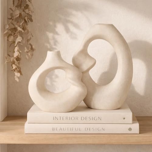 Image of SPHINX Ceramic Vase - Asymmetric Donut Vase Set Hollow Design (8.5 and 6 Inch) | Modern Decorative Flower Pot for Pampas Grass, Dried Flowers, Home, Living Room & Office Decor