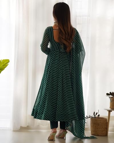 Image of Women's Lehariya Print Georgette Anarkali Fit Long Sleeves Lightweight Ethnic Wear Gown + Dupatta (H E 00391)
