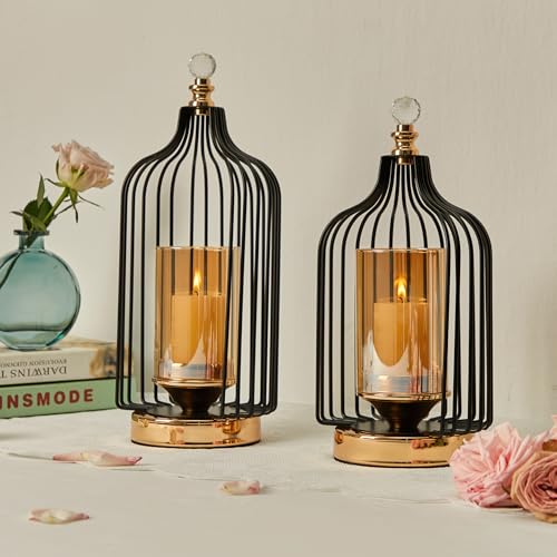 Juego de 2 faroles de Jaula de pájaros de Lujo, portavelas Negros Vintage, portavelas de huracán para Velas de Pilar con Paneles de Vidrio Templado, faroles Decorativos para jardín, Mesa, Sala de