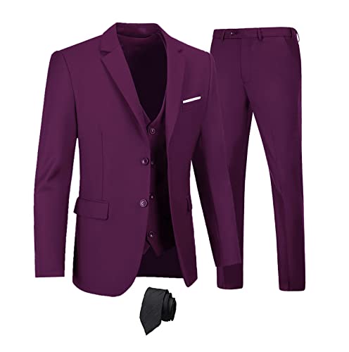 Furuyal Herren-Anzüge, 3-teilig, schmale Passform, Anzug-Set, zwei Knöpfe, Hochzeit, Business, Smoking, solide Blazer, Jacke, Weste, Hose mit Krawatte, Traube, XX-Large