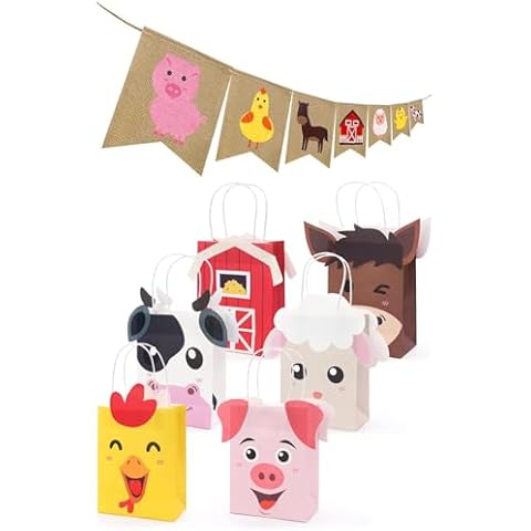 Farm Animal Burlap Banner & 12Pcs Farm Animal Party Favor Bags Cover