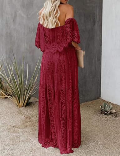 Image of HOYISHION Women's Off The Shoulder Floral Lace Maxi Dress White Bridesmaid Wedding Party Maternity Photoshoot Long Dresses