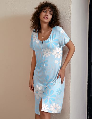 Image of Ekouaer Women's Nightshirt Short Sleeve Button Down Nightgown V-Neck Sleepwear Pajama Dress