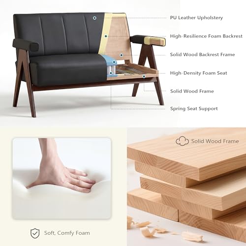 Image of STHOUYN 50 inch Black Faux Leather Sofa Couch, Small Comfy Office Loveseat with Back, Mid Century Modern Wooden Love Seat Bench Waiting Room Furniture Couches for Living Room, Bedroom