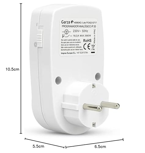 Miniatura 7 de Garza - Temporizador Analógico Para Interiores, Juego De 2, Enchufe Programable, Temporizador Diario 24 H , Máximo 3680 W, 16 A 230 V 50 Hz, Blanco