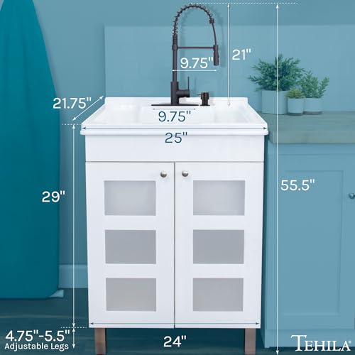 Image of White Utility Sink in White Vanity, Matte Black Pull-Down Coil Faucet, Soap Dispenser and Spacious Cabinet by JS Jackson Supplies for Garage, Basement, Shop and Laundry Room
